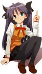  black_hair cosplay fate/stay_night fate_(series) green_eyes highres hiiragi_kagami homurahara_academy_uniform katochin_(skpresents) lucky_star pantyhose ribbon school_uniform solo toosaka_rin toosaka_rin_(cosplay) two_side_up 