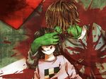  1girl bad_id bad_pixiv_id blood brown_hair covering_eyes green_skin madotsuki pink_shirt shirt shitaisan yoshiya_(suteki) yume_nikki 