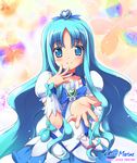  beckoning blue blue_choker blue_eyes blue_hair blue_skirt blush choker cure_marine hair_ornament hands heart heartcatch_precure! kurumi_erika long_hair looking_at_viewer magical_girl outstretched_hand precure skirt smile solo utamaru_(konomix) 