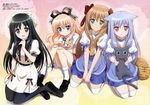  absurdres animedia black_hair black_legwear blue_eyes blush bow brown_hair cat chikumaen_kaho detexted green_eyes hair_bow highres kiriya_nozomi kusakabe_chizuko long_hair mayoi_neko_overrun! multiple_girls non-web_source red_eyes school_uniform serafuku serizawa_fumino silver_hair smile socks thighhighs third-party_edit umenomori_chise very_long_hair white_legwear 