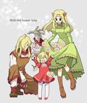  2girls animal_ears blonde_hair boots cat_ears child claws dress engrish family flower frills good_end green_dress hair_over_one_eye happy memusu multiple_girls oversized_limbs pantyhose ranguage red_dress suetake_(kinrui) tengen_toppa_gurren_lagann tsuuma viral 