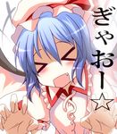  &gt;_&lt; :d blue_hair close-up closed_eyes fang gao hands hat jpeg_artifacts open_mouth remilia_scarlet silve smile solo touhou xd 