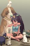  alligator animal barefoot bird black_hair blue_eyes bunny casual cat cockatoo crocodilian dan_(orange_train) dog feet ganaha_hibiki guinea_pig hamster hamuzou idolmaster idolmaster_(classic) inumi long_hair parrot pig ponytail snake squirrel st_bernard tears 