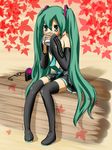  aqua_hair detached_sleeves drink enomori hatsune_miku legs long_hair necktie solo thighhighs twintails vocaloid 