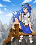  blue_hair blush boots cloud cross-laced_footwear crossed_legs day food fruit hand_on_own_chest hat hinanawi_tenshi keystone knee_boots lace-up_boots long_hair mamedenkyuu_(berun) peach red_eyes rope shimenawa sitting sky smile solo touhou 
