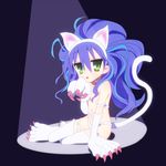  animal_ears big_hair blue_eyes cat_ears cat_tail claws cosplay felicia felicia_(cosplay) green_eyes izumi_konata licking long_hair lucky_star mole mole_under_eye solo spotlight tail thighhighs tyke vampire_(game) 