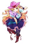  blonde_hair blue_eyes boots chimaki_(pixiv) cowboy_hat dress earrings hat jewelry long_hair macross macross_frontier macross_frontier:_itsuwari_no_utahime one_eye_closed sheryl_nome single_earring solo thighhighs western 