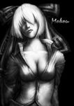  breasts cleavage dark fujiwara_no_mokou furuta greyscale hair_over_eyes hair_ribbon large_breasts lips long_hair monochrome realistic ribbon shirt solo touhou unbuttoned upper_body 