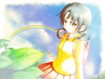  backpack bag black_hair bunny child closed_umbrella cloud hair_bobbles hair_ornament jacket jitome kaai_yuki leaf low_twintails necktie outdoors rainbow randoseru school_uniform short_twintails skirt sky smile solo starcrown twintails umbrella vocaloid wallpaper wind yellow_eyes 