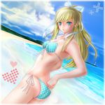  ass beach bikini blonde_hair blue_eyes bow day dutch_angle front-tie_top hair_bow hair_ribbon highres looking_back md5_mismatch miharin original polka_dot polka_dot_bikini polka_dot_swimsuit ponytail ribbon side-tie_bikini solo swimsuit 