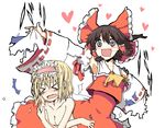  &gt;_&lt; alice_margatroid blood blush breasts cleavage closed_eyes covering crazy_eyes hakurei_reimu medium_breasts multiple_girls natsuk nosebleed open_mouth saliva smile torn_clothes touhou undressing uro you_gonna_get_raped 