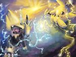  electricity gen_1_pokemon gen_3_pokemon manectric no_humans pikachu pokemon pokemon_(creature) running saliva 
