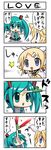  4koma aqua_eyes aqua_hair blonde_hair blood blue_eyes bow chibi comic english hair_bow hatsune_miku highres kagamine_len kagamine_rin konno_tohiro long_hair multiple_girls necktie open_mouth parody pugyuru spring_onion style_parody throwing translated twintails vocaloid 