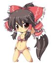  :&lt; barefoot bikini brown_eyes brown_hair chibi front-tie_top full_body hakurei_reimu kneeling kusanagi_mikoto_(artist) long_hair navel ponytail shiny shiny_skin side-tie_bikini simple_background solo striped striped_bikini swimsuit touhou 