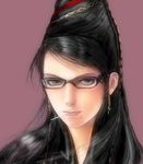  774 bayonetta bayonetta_(character) black_hair candy earrings food glasses grey_eyes hair_ribbon jewelry lips lollipop long_hair lowres mole mole_under_mouth realistic ribbon solo 