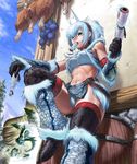  abs ahoge armor boned_meat boots breasts covered_nipples crow_(torigoya) food gloves green_eyes hairband highres horn khezu kirin_(armor) meat medium_breasts midriff monster_hunter mouth_hold navel silver_hair solo thighhighs 