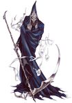  bracelet castlevania castlevania:_lament_of_innocence cloak death_(castlevania) death_(entity) evil_grin evil_smile ghost grin hitodama hood jewelry kojima_ayami no_humans official_art robe scythe skeleton skull smile smoke solo standing teeth tunic weapon 