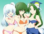  bad_id bad_pixiv_id bikini bikini_skirt blue_bikini breasts colored_eyelashes eyelashes fuantei ghost_tail green_hair hands_on_shoulders hat kazami_yuuka large_breasts mima multiple_girls orange_bikini pink_bikini shinki silver_hair smile swimsuit touhou touhou_(pc-98) wizard_hat 