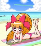  akazutsumi_momoko barefoot beach bikini bow cckk day flat_chest long_hair lying on_stomach orange_hair pink_bow ponytail powerpuff_girls_z red_eyes solo sun swimsuit 