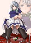  black_legwear blood dress dress_lift hairband izayoi_sakuya maid ribbon short_hair skirt skirt_lift solo takebi thighhighs touhou zoom_layer 