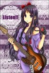  akiyama_mio bad_id bad_pixiv_id bass_guitar black_hair casual food fruit gloves highres instrument k-on! listen!! long_hair mouth_hold myth-4 pantyhose plectrum purple_eyes single_glove solo strawberry 