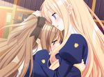  aina_blanche blonde_hair blush book bookshelf breast_smother breasts brown_eyes brown_hair drill_hair game_cg happy_transportation hug library long_hair medium_breasts multiple_girls peko purple_eyes raica_roberts ribbon school_uniform very_long_hair yuri 