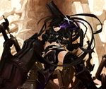  arm_cannon armor belt black_hair black_rock_shooter boots burning_eye chain gauntlets greaves huge_weapon insane_black_rock_shooter long_hair loose_belt midriff nagi_(nightmare-cat) purple_eyes shorts solo stitches sword thighhighs twintails weapon 