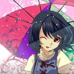  :p ;p blue_hair one_eye_closed red_eyes short_hair solo tatara_kogasa tongue tongue_out touhou umbrella upper_body yada_ei 