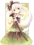  bad_id bad_pixiv_id green_eyes hair_ribbon hitodama ichitaro konpaku_youmu konpaku_youmu_(ghost) ribbon smile solo sword touhou weapon white_hair 