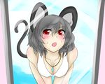  animal_ears bad_id bad_pixiv_id bent_over bikini blush breasts cleavage downblouse fang female_pov grey_hair jewelry leaning_forward looking_at_viewer medium_breasts mirror moni_(credo) mouse_ears mouse_tail nazrin open_mouth pendant pov red_eyes short_hair solo swimsuit tail touhou 