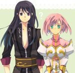  1girl ? black_eyes black_hair estellise_sidos_heurassein green_background green_eyes mayo. pink_hair short_hair tales_of_(series) tales_of_vesperia v_arms yuri_lowell 