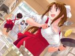  apron black_hair brown_eyes brown_hair cooking copyright_request multiple_girls naruko_hanaharu ponytail waitress 