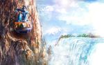  cart cave cloud day green_eyes kneeling railroad_tracks riding rockman rockman_x scenery water waterfall x_(rockman) 