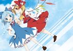  bad_id bad_pixiv_id blonde_hair blue_eyes blue_hair bow cirno cravat dress dutch_angle flandre_scarlet hair_bow hat ice multiple_girls pointing red_eyes rin_(royal) short_hair side_ponytail skirt touhou vest wings 
