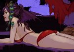  ass bat_wings bikini brown_eyes copyright_request lipstick lying makeup on_stomach purple_hair red_lipstick swimsuit takigawa_seishi tattoo wings 