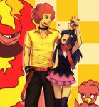  1girl afro age_difference blue_hair elite_four gen_2_pokemon gen_4_pokemon height_difference hikari_(pokemon) holding holding_poke_ball long_hair magby magmortar one_eye_closed ooba_(pokemon) poke_ball pokemon pokemon_(creature) pokemon_(game) pokemon_dppt red_hair red_scarf scarf thighhighs ymy 