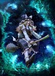  blonde_hair broom broom_riding forest forest_of_magic glowing hat kirisame_marisa laughing long_hair nature night night_sky perspective realistic sky solo takami_masahiro touhou witch_hat yellow_eyes 