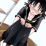  bad_id bad_pixiv_id black_hair black_legwear blush fang female_protagonist_(houkago_play_2) freckles glasses houkago_play mizuno_yuuki panties panties_under_pantyhose pantyhose school_uniform serafuku solo thighband_pantyhose underwear upskirt 