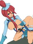  after_sex blue_eyes blue_footwear boots breasts fuuro_(pokemon) hair_ornament large_breasts nakamura_sandayo nipples panties panties_around_one_leg pokemon pokemon_(game) pokemon_bw red_hair short_shorts shorts simple_background solo underwear white_background 