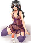  black_hair blue_eyes blush breasts censored crotchless crotchless_panties cum full_body futanari gradient gradient_background legwear lingerie long_hair looking_at_viewer medium_breasts navel nipples no_testicles nokoppa panties penis ribbon see-through sitting solo stockings thighhighs underwear 