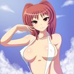  blush breasts brown_eyes bust cleavage erect_nipples highres kousaka_tamaki nipples red_hair simple_background sling_bikini smile swimsuit to_heart_2 upper_body yottin 