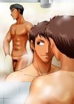  2boys brown_eyes brown_hair club_z flaccid grey_eyes grey_hair locker_room male male_focus matching_hair/eyes mirror multiple_boys muscle nude penis shared_bathing shower standing steam tan tanline tile tiles towel voyeurism yaoi 