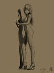  bad_id bad_pixiv_id breasts copyright_request full_body hair_down high_heels legs long_hair monochrome nipples nude sepia shoes simple_background small_breasts solo tattoo weky_(cldacg) 