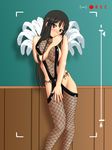  akiyama_mio artist_request bangs battery_life belly_chain between_breasts black_hair blush breasts camera covering covering_crotch embarrassed fishnets hide_body_part highres indoors jewelry k-on! kimuti-g large_breasts long_hair looking_at_viewer necklace nipples recording solo 