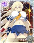  1girl blonde_hair blue_skirt breasts card_(medium) character_name cosplay crop_top fingerless_gloves gloves holding holding_weapon ikkitousen kan&#039;u_unchou kan&#039;u_unchou_(cosplay) large_breasts leo_(senran_kagura) long_hair looking_at_viewer midriff navel official_art parted_lips pleated_skirt polearm purple_eyes red_gloves school_uniform senran_kagura senran_kagura_new_wave serafuku shirt skirt solo trading_card very_long_hair weapon white_shirt yaegashi_nan 