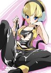  bad_id bad_pixiv_id bare_shoulders blonde_hair blue_eyes blush breasts cleavage cum cum_on_body cum_on_clothes gym_leader headphones kamitsure_(pokemon) navel open_mouth pantyhose pokemon pokemon_(game) pokemon_bw short_hair sitting small_breasts solo toru_k 