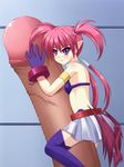  1girl agito_(nanoha) artist_request belt blush boots flat_chest gloves hetero knee_boots koonago lyrical_nanoha mahou_shoujo_lyrical_nanoha_strikers minigirl penis penis_hug purple_eyes red_hair smile solo_focus source_request tail twintails wings 