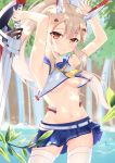  1girl armpits ass_visible_through_thighs ayanami_(azur_lane) azur_lane bangs belt blue_sailor_collar blue_skirt blush breasts commentary_request cowboy_shot crop_top crop_top_overhang day eyebrows_visible_through_hair hair_between_eyes headgear highres holding holding_sword holding_weapon legs_apart long_hair long_ponytail looking_at_viewer miniskirt navel neckerchief outdoors platinum_blonde_hair red_eyes retrofit_(azur_lane) sailor_collar sidelocks skirt solo ss851251 standing stomach sword thighhighs thighs underboob water_drop weapon white_legwear yellow_neckwear 