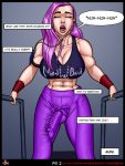  abs athletic big_breasts bodily_fluids breasts bulge clothed clothing comic english_text gynomorph hair hi_res intersex muscular penis penis_outline penis_under_clothes pink_hair solo sweat text villainous_muse yoga_pants 