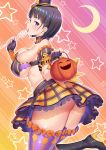  1girl bare_shoulders black_hair blush breasts candy eyebrows_visible_through_hair food halloween hat highres holding holding_food kawase_seiki kirigaya_suguha large_breasts licking looking_at_viewer pink_nails plaid plaid_skirt purple_eyes shiny shiny_hair shiny_skin skirt solo sword_art_online 